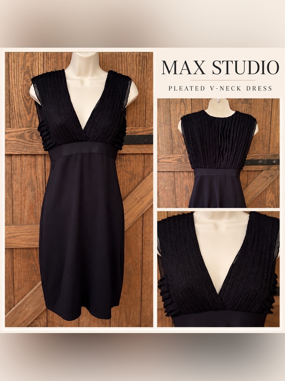 Max Studio Black Pleated V-Neck Empire Waist Dress S